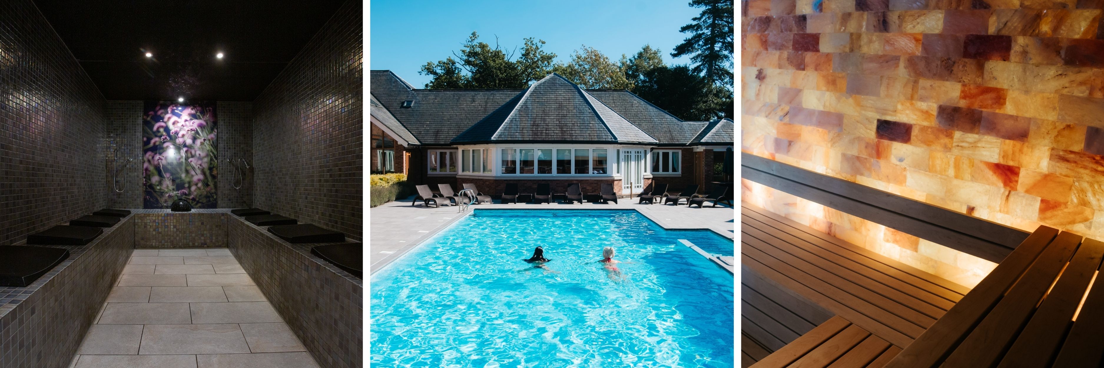 Image of Destination Spa Aromatherapy steam room. Image of Ardencote Outdoor Pool. Image of Spa Salt Sauna