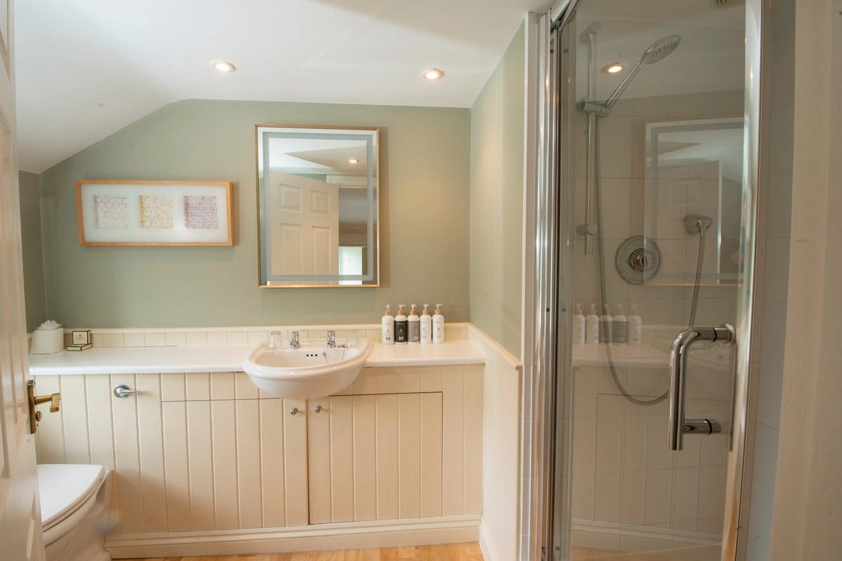 Bathroom with a shower, sink, mirror, and toiletries on a counter. Light green walls and wood panelling.
