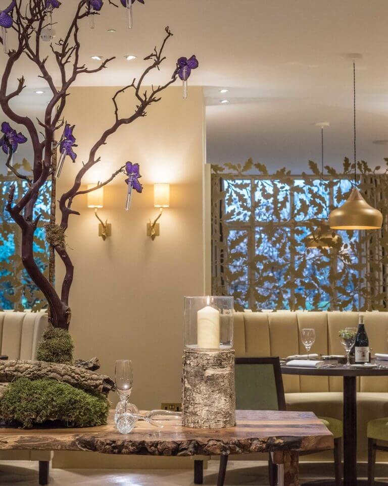 Interior of Cambium restaurant at Careys Manor Hotel