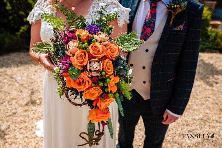 A close of up the brides bouquet showing the lego flowers