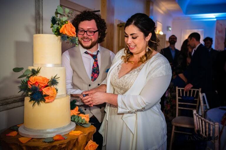 Bride and Groom cut the wedding cake