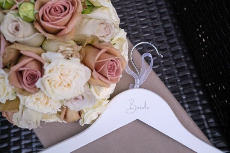 Brides bouquet and personalised coat hanger