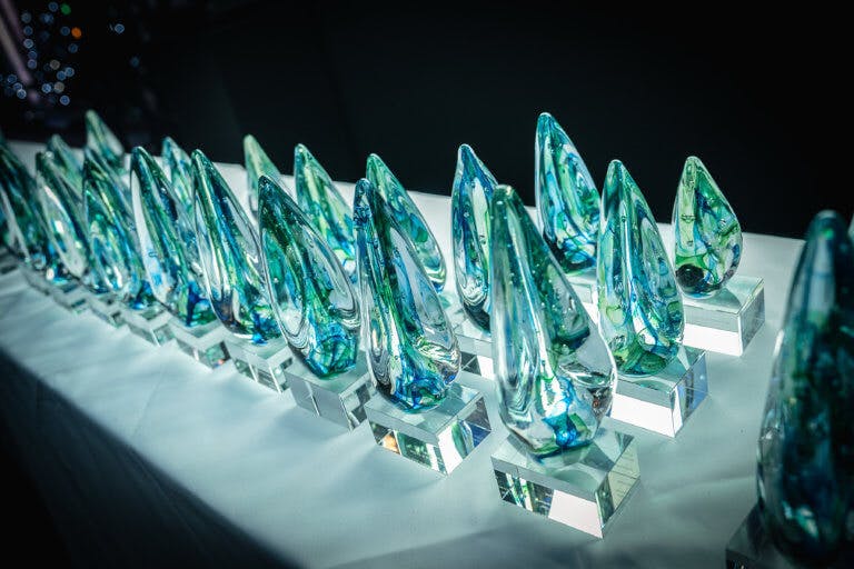 Trophies lined up in a row at awards ceremony
