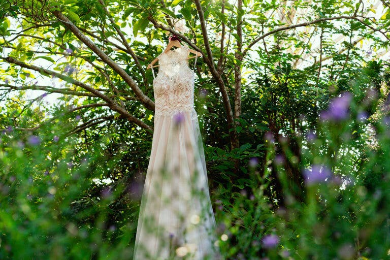 Bridal dress hanging in a garden surrounded by green leaves