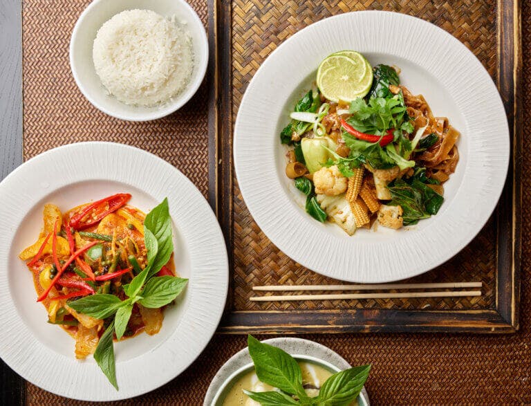 Noodle and curry dish with rice from summer menu at Zen Garden Restaurant, Brockenhurst