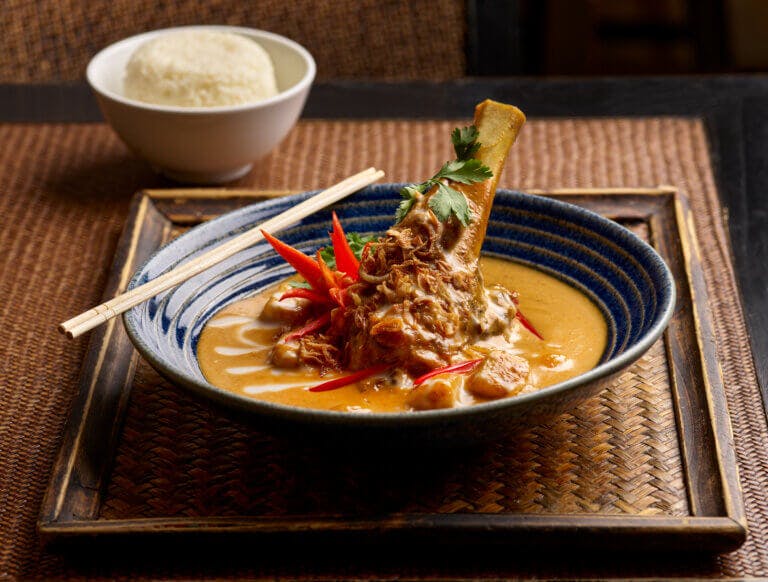 Lamb curry with rice at Zen Garden Restaurant in Careys Manor Hotel & SenSpa, The New Forest