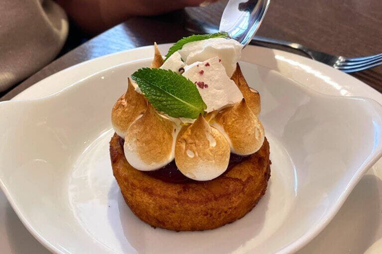 Dessert served at New Forest restaurant Cambium. Queen of puddings, raspberry meringue shards £9
