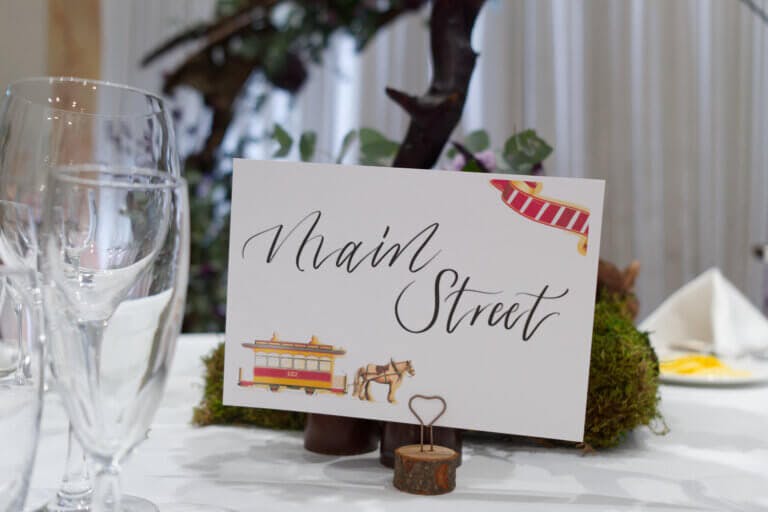 Table name cards. This one reads 'Main Street'