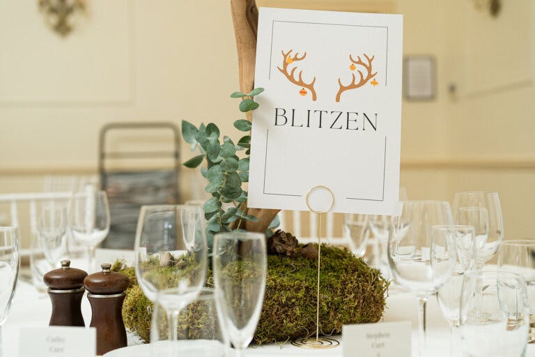 Close up image of the table names which are reindeers. This one is Blitzen