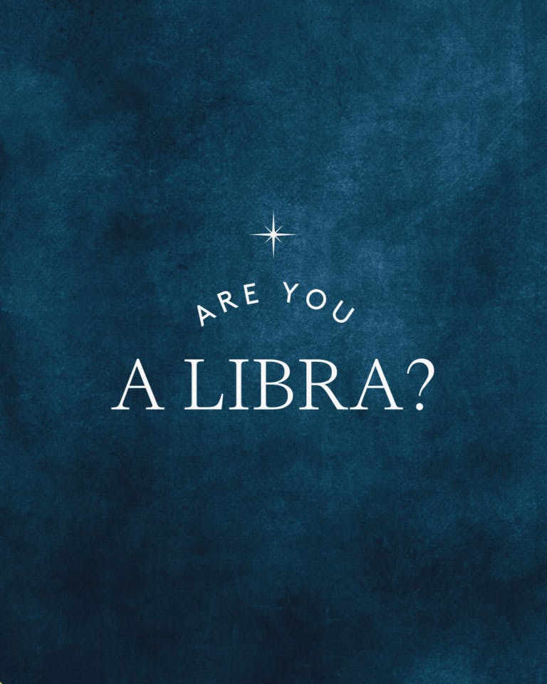 'Are you a Libra' question asked on dark blue background with star graphic