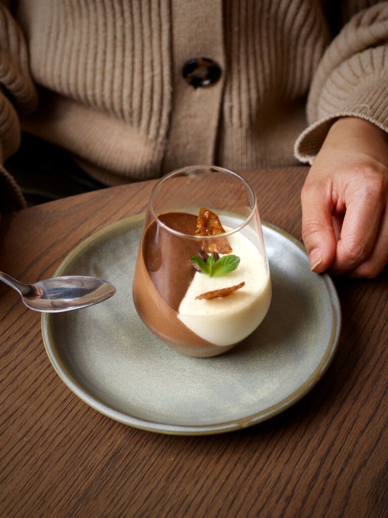 Chocolate mousse is served at Cambium restaurant