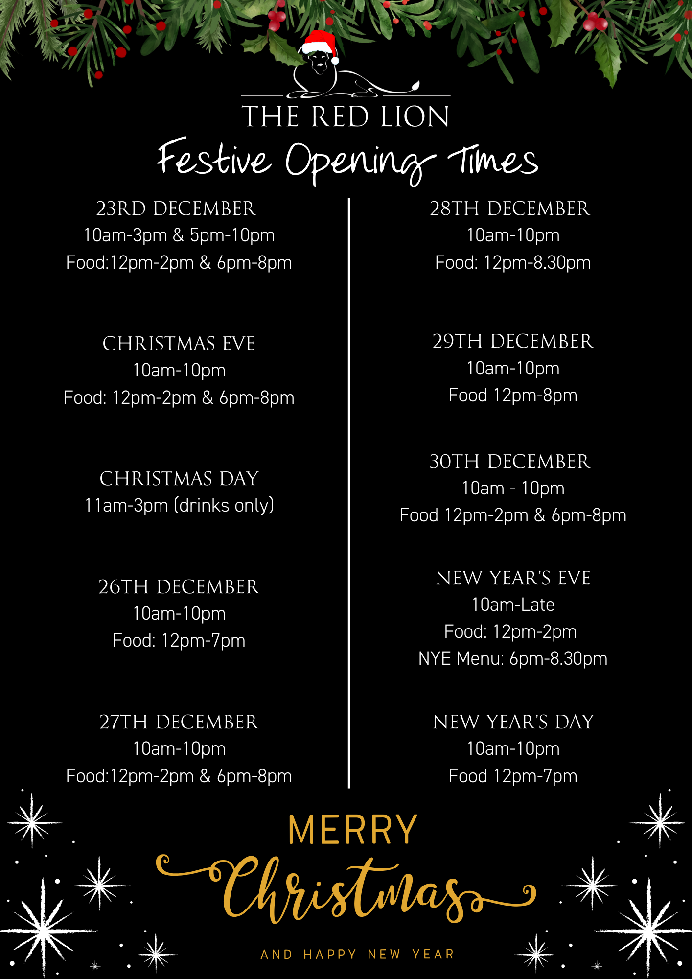 Festive opening times at The Red Lion in Long Compton