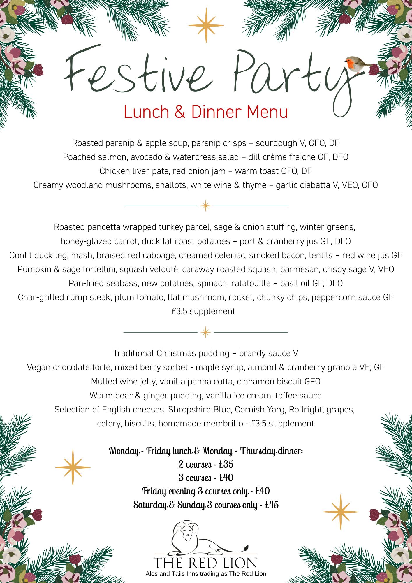 Festive Party Menu at The Red Lion in Long Compton