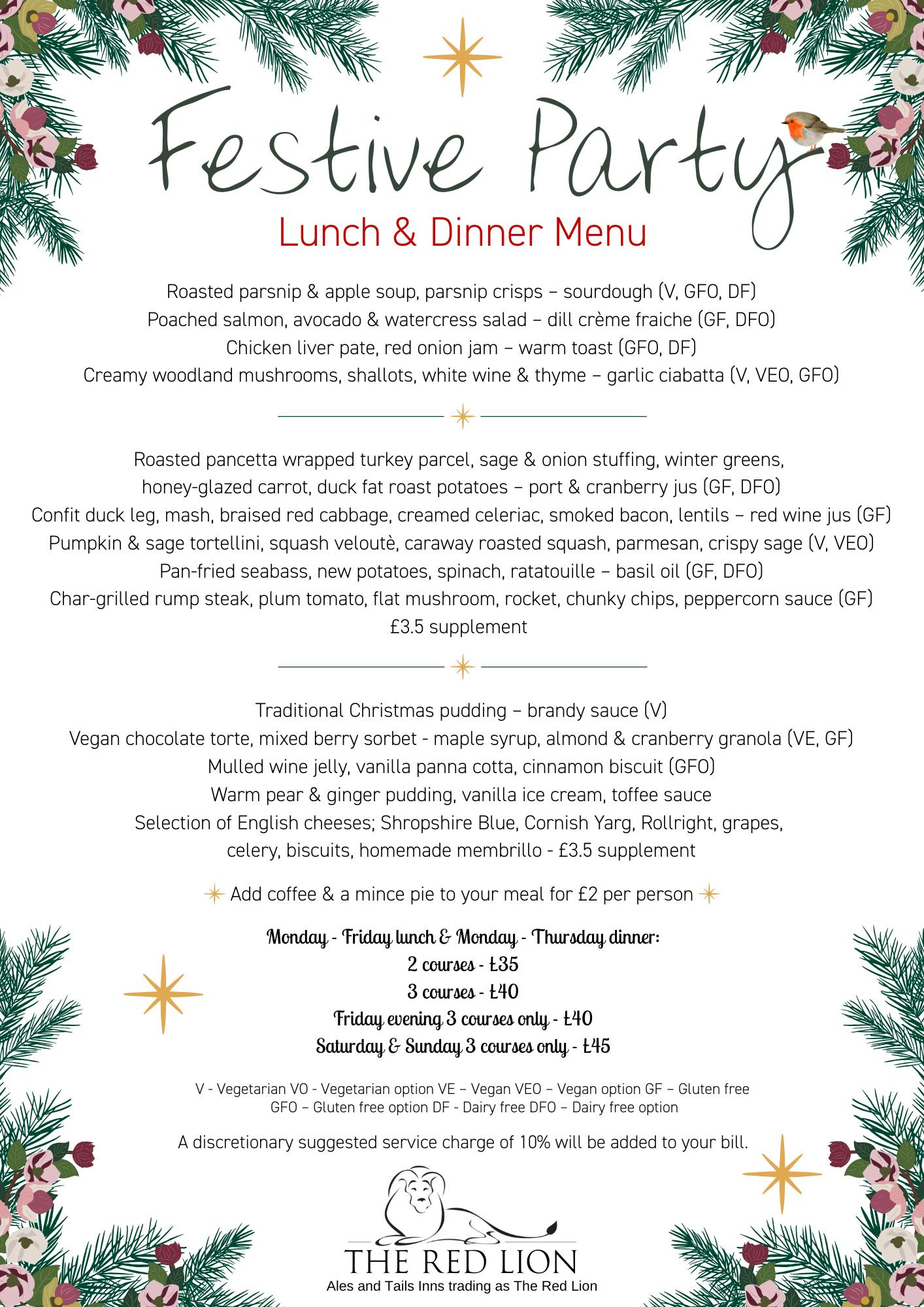 Festive Party Menu at The Red Lion in Long Compton