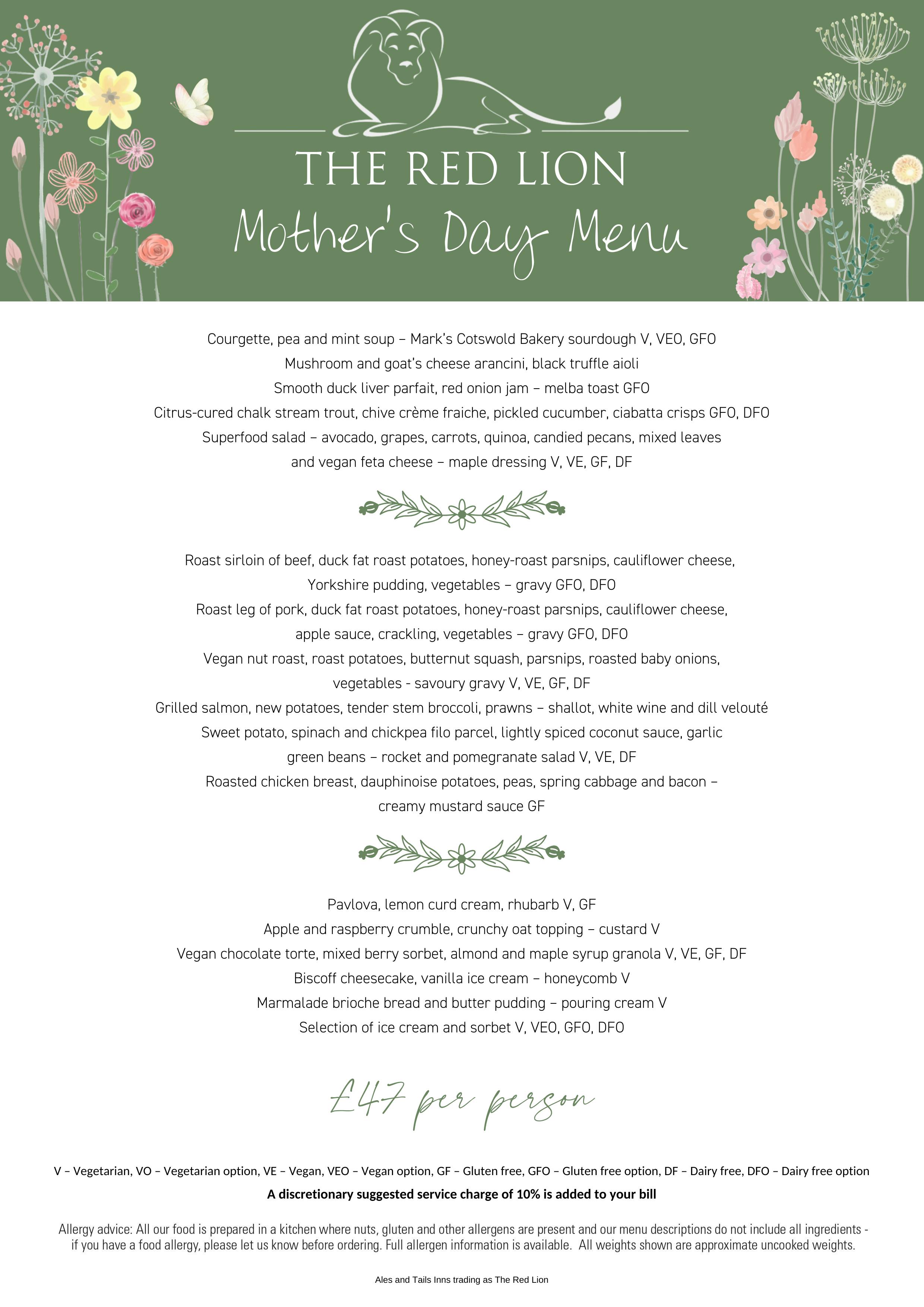 Mother's Day lunch menu at The Red Lion, Long Compton 