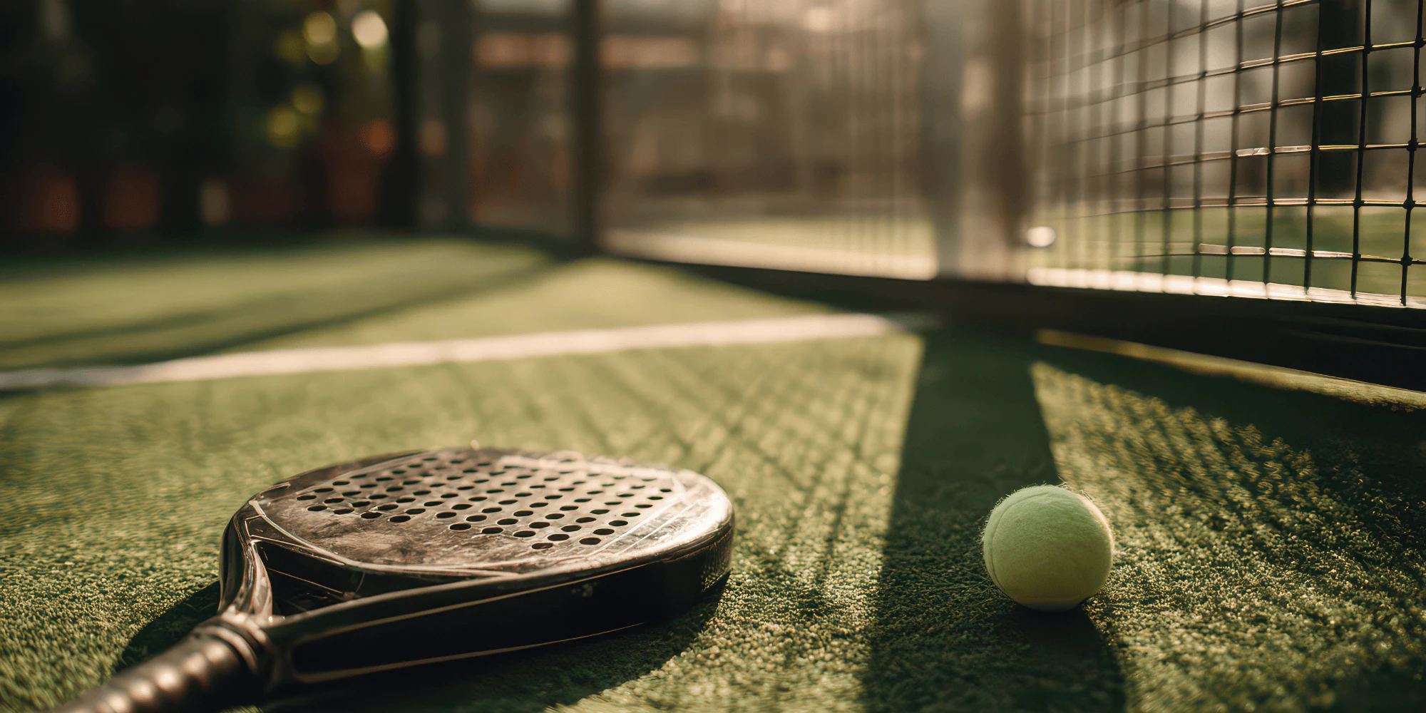 Padel racket and ball on a sunlit court