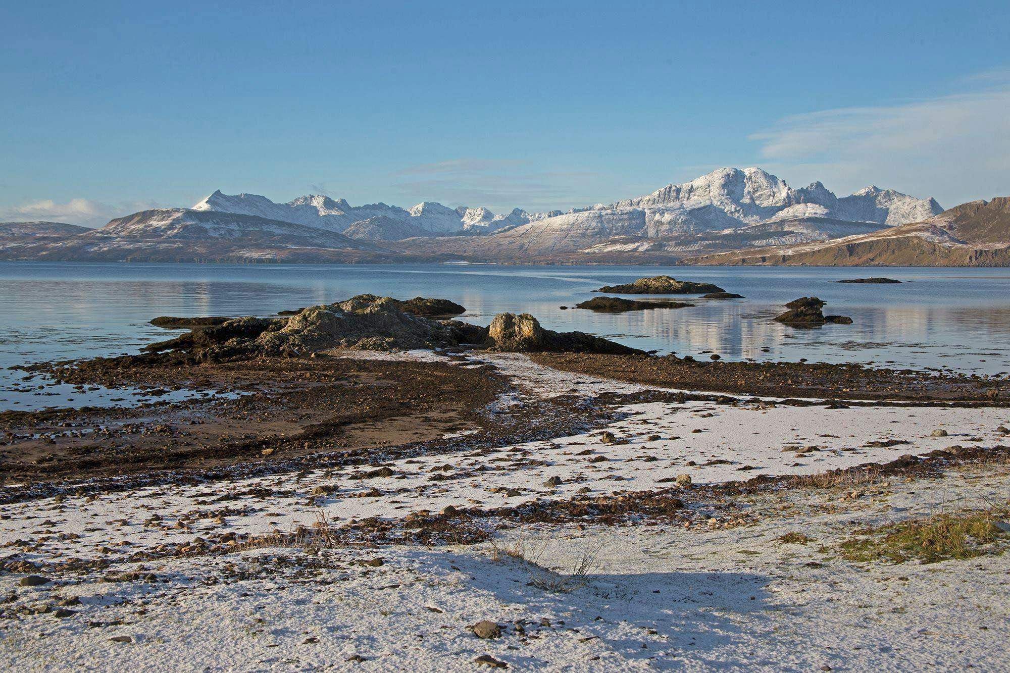 Ord Beach in Winter - sunny day with snowy mountains