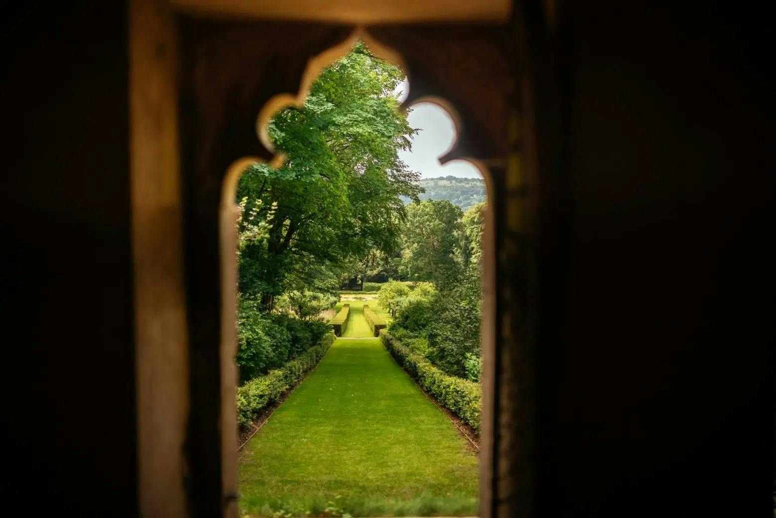 Green sustainable hills and Painswick Rococo Garden pathway